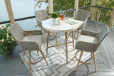 Seton Creek Outdoor Bar Table and 4 Barstools in Beige from Ashley Furniture - Luna Furniture