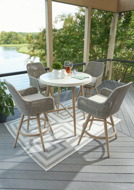 Seton Creek Outdoor Bar Table and 4 Barstools in Beige from Ashley Furniture - Luna Furniture