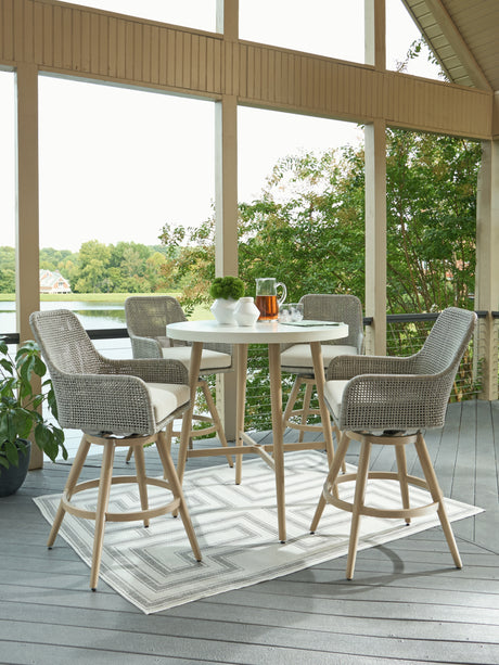 Seton Creek Outdoor Bar Table and 4 Barstools in Beige from Ashley Furniture - Luna Furniture