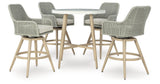 Seton Creek Outdoor Bar Table and 4 Barstools in Beige from Ashley Furniture - Luna Furniture