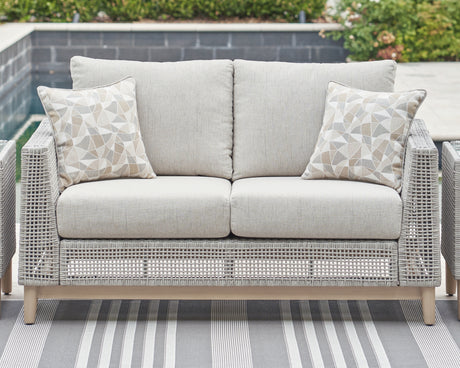 Seton Creek Gray Outdoor Loveseat with Cushion from Ashley Furniture - Luna Furniture