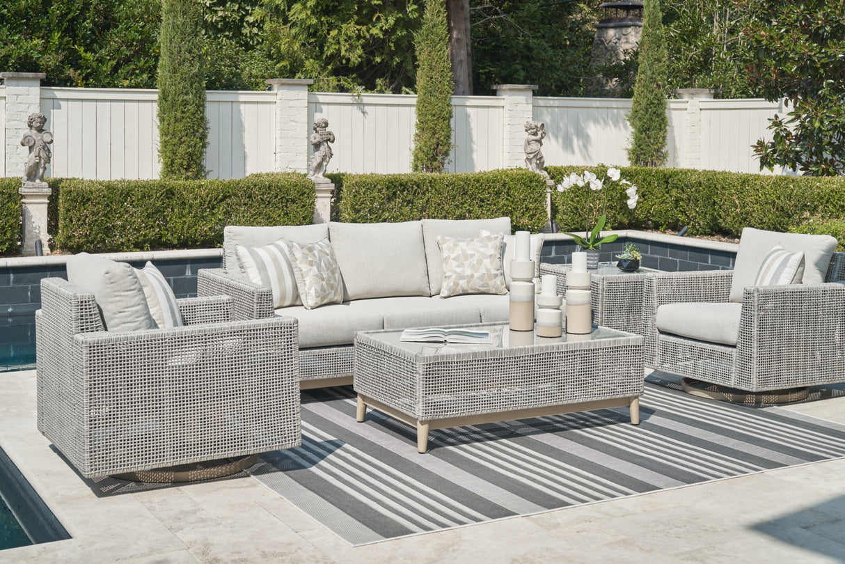 Seton Creek Outdoor Sofa and 2 Chairs with Coffee Table in Gray from Ashley Furniture - Luna Furniture