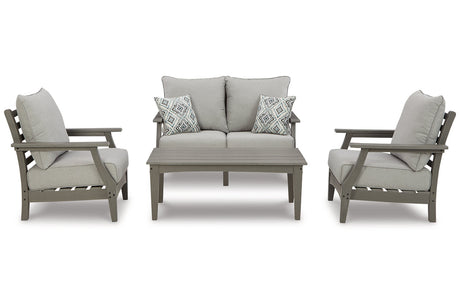 Visola Gray Outdoor Loveseat, 2 Lounge Chairs and Coffee Table from Ashley - Luna Furniture