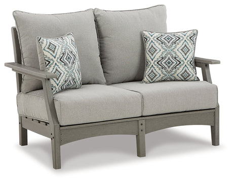 Visola Gray Outdoor Loveseat with Cushion from Ashley Furniture - Luna Furniture