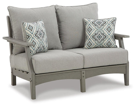Visola Gray Outdoor Loveseat with Cushion from Ashley Furniture - Luna Furniture