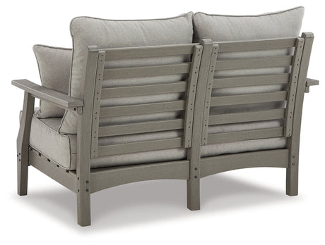 Visola Gray Outdoor Loveseat with Cushion from Ashley Furniture - Luna Furniture