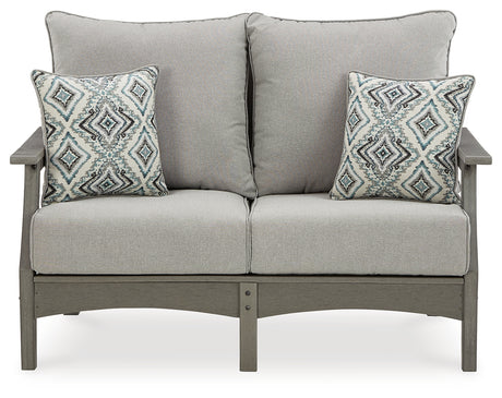 Visola Gray Outdoor Loveseat with Cushion from Ashley Furniture - Luna Furniture