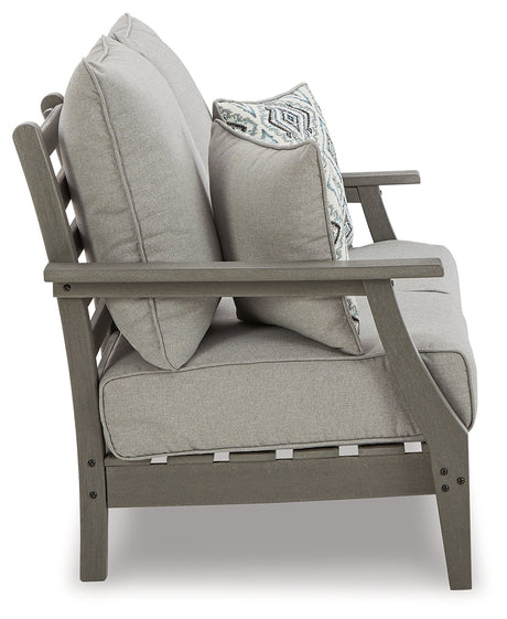 Visola Gray Outdoor Loveseat with Cushion from Ashley Furniture - Luna Furniture