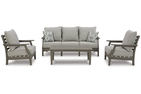 Visola Gray Outdoor Sofa, 2 Lounge Chairs and Coffee Table