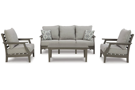 Visola Gray Outdoor Sofa, 2 Lounge Chairs and Coffee Table from Ashley - Luna Furniture
