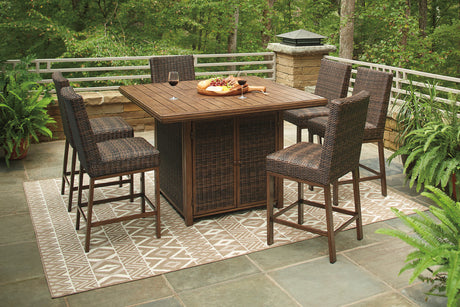 Paradise Trail Medium Brown Outdoor Bar Fire Pit Table with 6 Barstools from Ashley - Luna Furniture