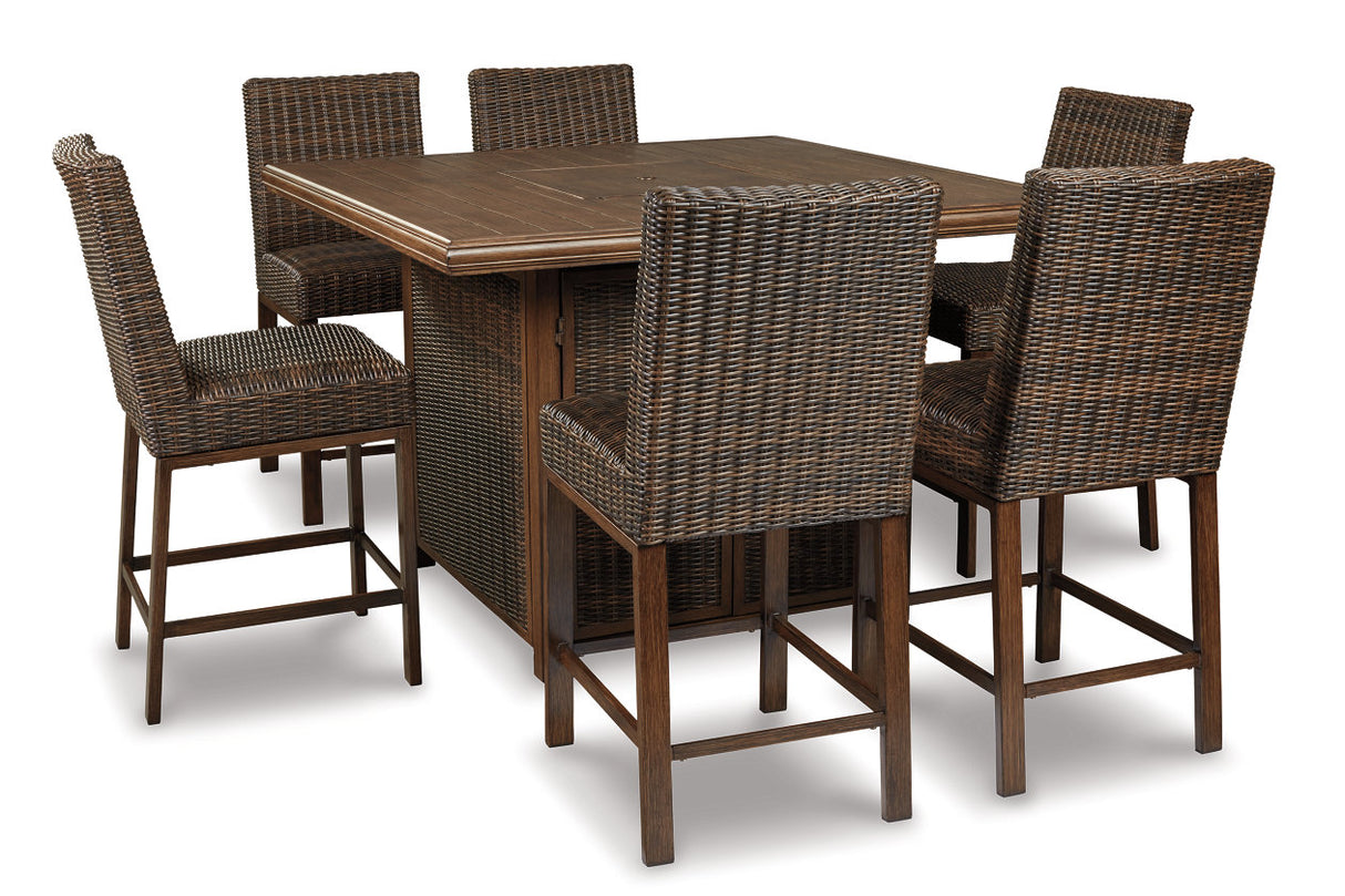 Paradise Trail Medium Brown Outdoor Bar Fire Pit Table with 6 Barstools from Ashley - Luna Furniture