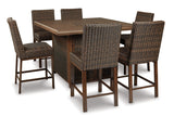 Paradise Trail Medium Brown Outdoor Bar Fire Pit Table with 6 Barstools from Ashley - Luna Furniture