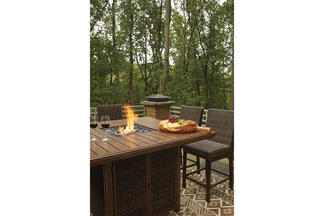 Paradise Trail Medium Brown Outdoor Bar Fire Pit Table with 6 Barstools from Ashley - Luna Furniture