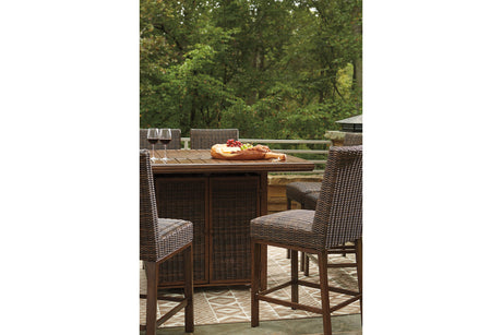 Paradise Trail Medium Brown Outdoor Bar Fire Pit Table with 6 Barstools from Ashley - Luna Furniture