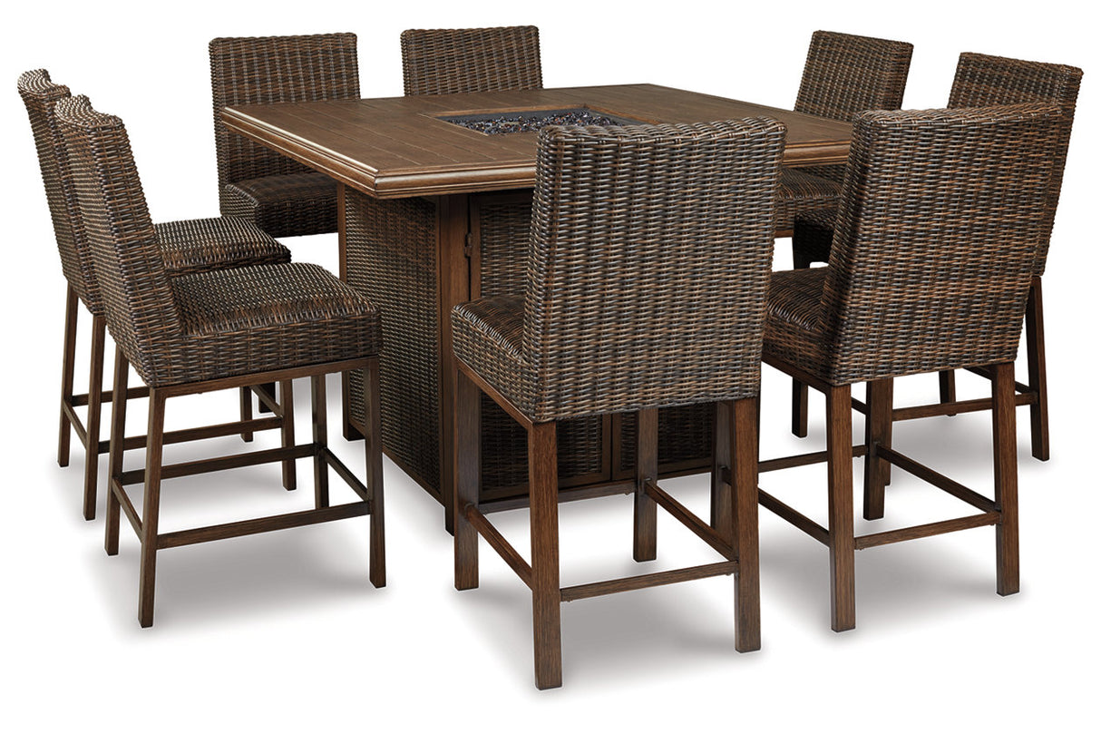 Paradise Trail Medium Brown Outdoor Counter Height Dining Table with 6 Barstools from Ashley - Luna Furniture