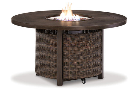 Paradise Trail Medium Brown Outdoor Fire Pit Table with 4 Lounge Chairs from Ashley - Luna Furniture