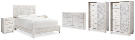 Paxberry Whitewash Queen Panel Bed, Dresser, 2 Chests and 2 Nightstands from Ashley - Luna Furniture