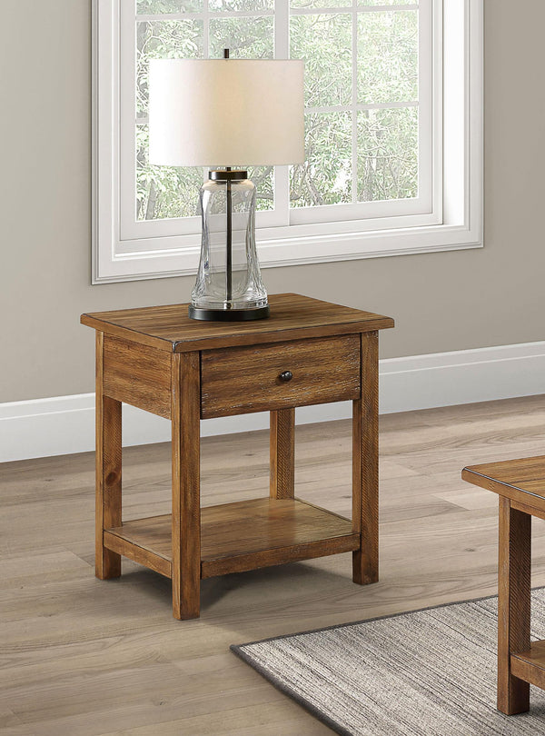 Payne Distressed Brown 1-Drawer Wood End Table with Shelf