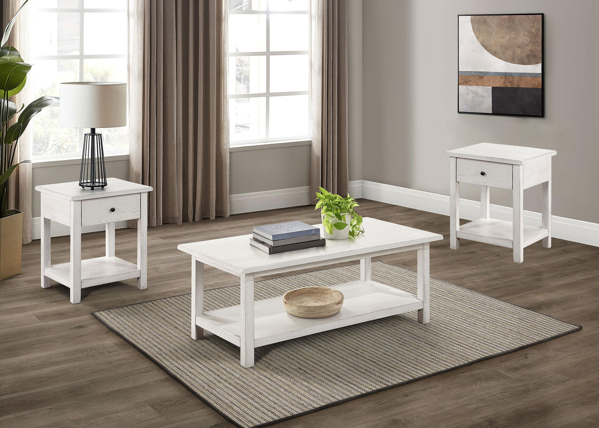 Payne Distressed White 3-Piece Coffee and 1-Drawer End Table Set from Coaster - Luna Furniture