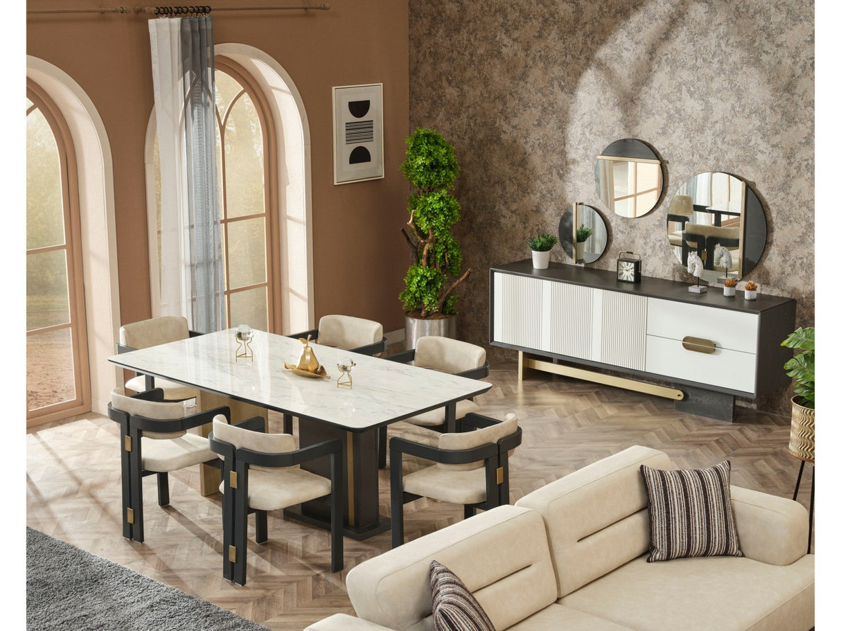 Pendik Black/Cream Dining Room (Dining Table & 6 Dining Chair) from Furnia - Luna Furniture