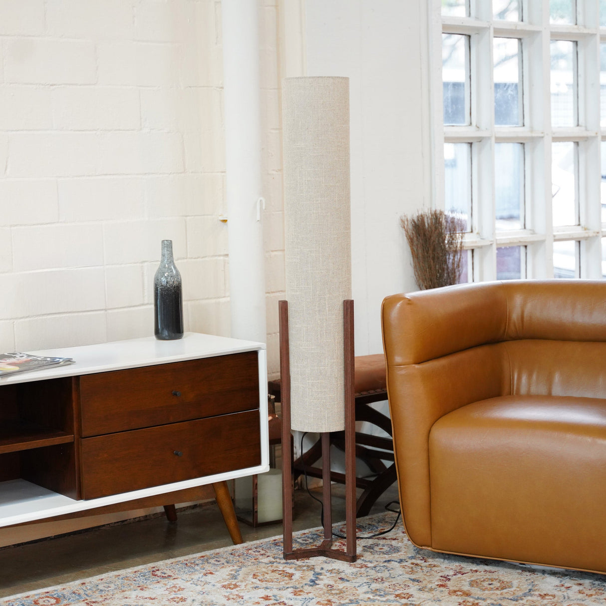 Pharos Contemporary Cylinder Floor Lamp with Brown Wood Base from Ashcroft Furniture - Luna Furniture