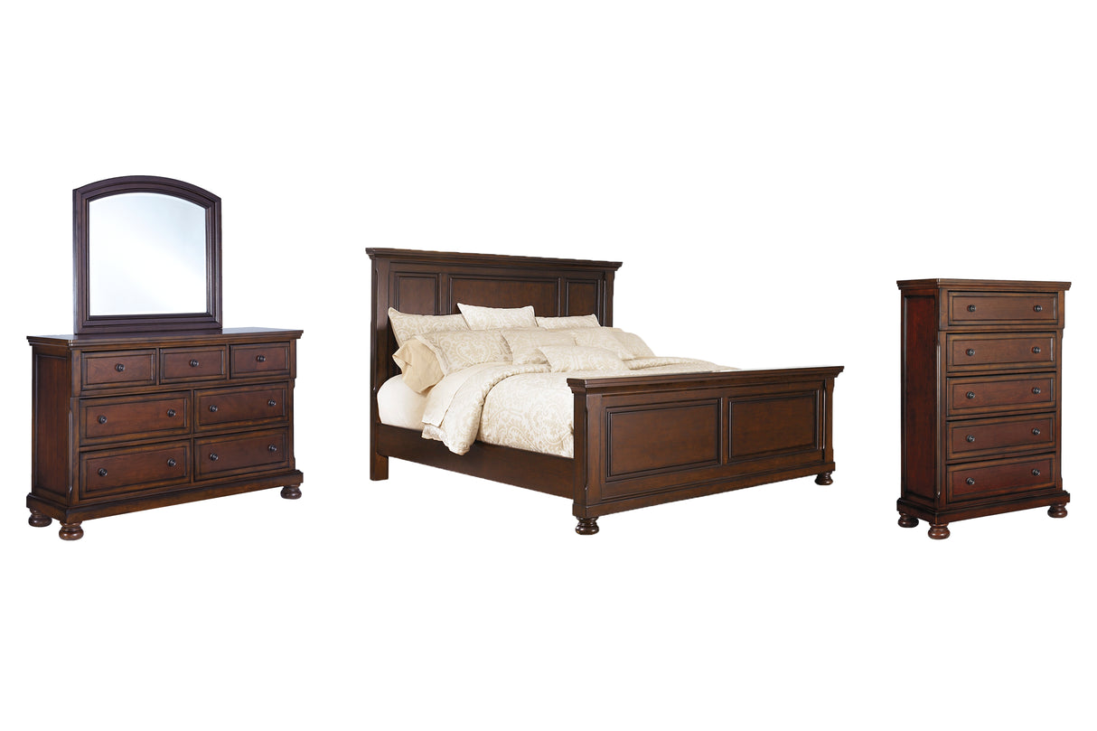 Porter California King Panel Bed with Mirrored Dresser and Chest in Rustic Brown from Ashley Furniture - Luna Furniture