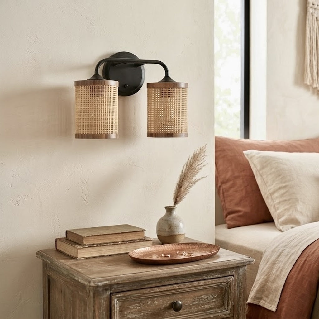 Quell 2-Light Rattan Wall Sconce with Black Metal Finish from Ashcroft Furniture - Luna Furniture
