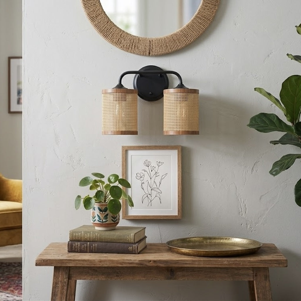 Quell 2-Light Rattan Wall Sconce with Black Metal Finish from Ashcroft Furniture - Luna Furniture
