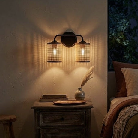 Quell 2-Light Rattan Wall Sconce with Black Metal Finish from Ashcroft Furniture - Luna Furniture