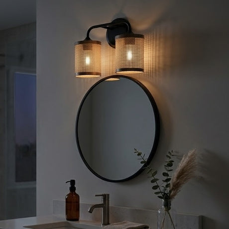 Quell 2-Light Rattan Wall Sconce with Black Metal Finish from Ashcroft Furniture - Luna Furniture