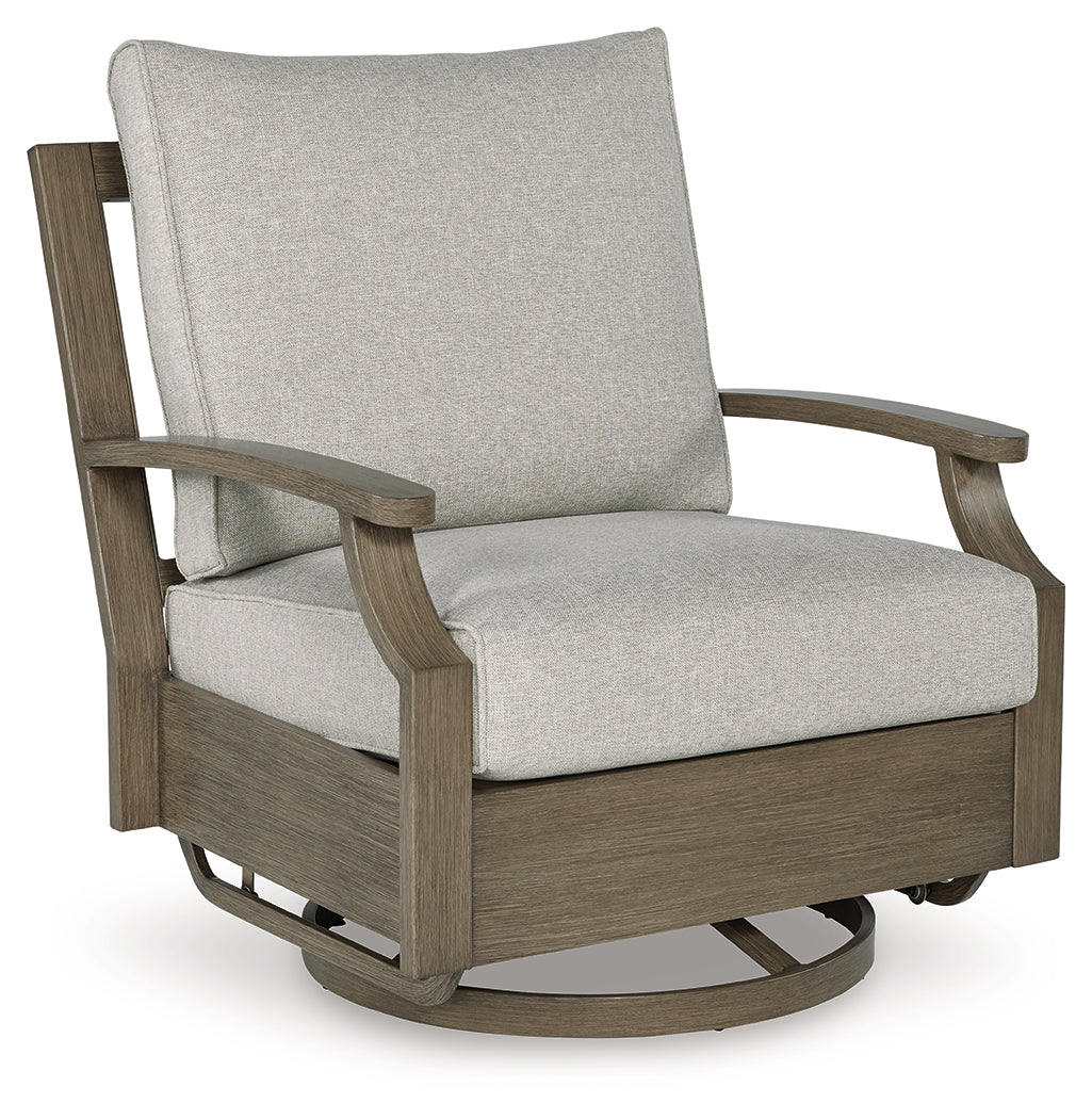 Rainier Ranch Brown/Beige Outdoor Swivel Glider Chair with Cushion from Ashley - Luna Furniture