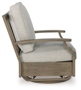 Rainier Ranch Brown/Beige Outdoor Swivel Glider Chair with Cushion from Ashley - Luna Furniture