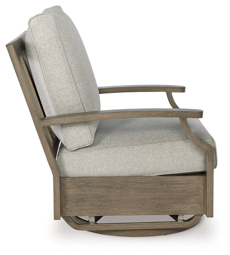 Rainier Ranch Brown/Beige Outdoor Swivel Glider Chair with Cushion from Ashley - Luna Furniture