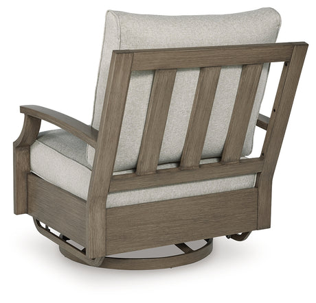 Rainier Ranch Brown/Beige Outdoor Swivel Glider Chair with Cushion from Ashley - Luna Furniture