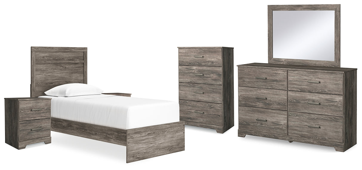 Ralinksi Twin Panel Bed with Mirrored Dresser, Chest and 2 Nightstands in Gray from Ashley - Luna Furniture