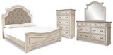 Realyn Chipped White King Panel Upholstered Bed, Dresser, Mirror and Chest from Ashley - Luna Furniture