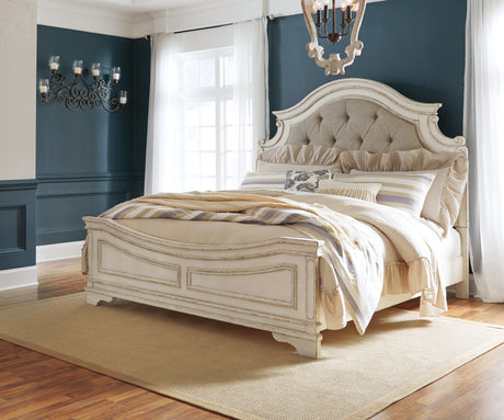 Realyn Chipped White King Panel Upholstered Bed, Dresser, Mirror and Chest from Ashley - Luna Furniture