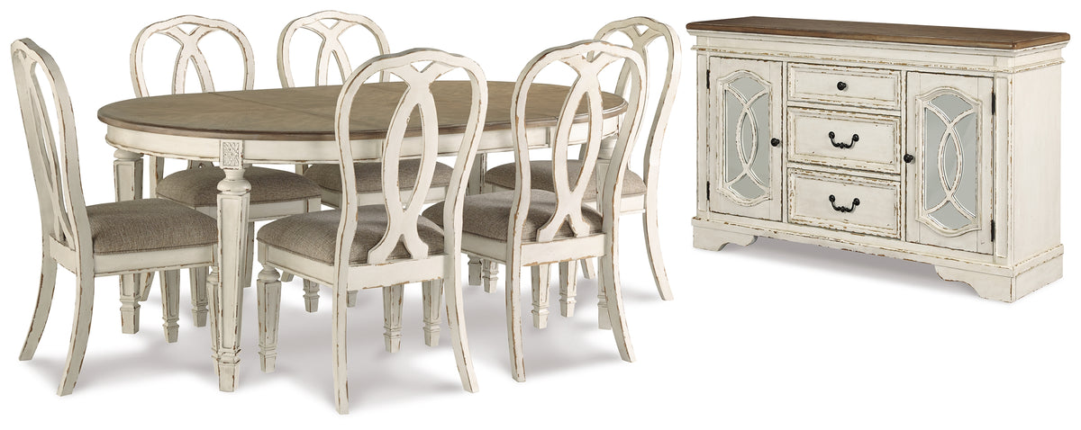 Ashley Realyn Chipped White Oval Dining Table and 6 Ribbon Chairs with ...