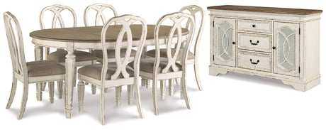 Realyn Chipped White Oval Dining Table and 6 Ribbon Chairs with Server from Ashley - Luna Furniture