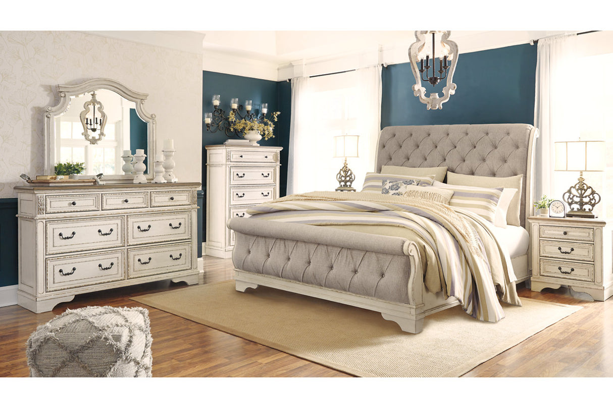 Realyn Chipped White Queen Upholstered Sleigh Bed from Ashley - Luna Furniture