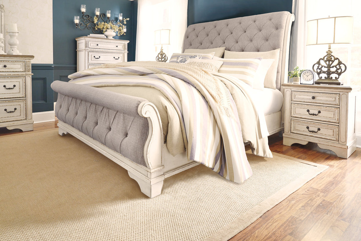 Realyn Chipped White Queen Upholstered Sleigh Bed from Ashley - Luna Furniture