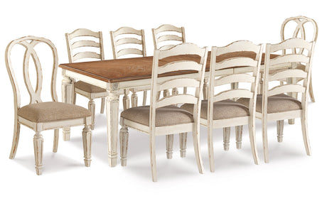 Realyn Chipped White Rectangular Dining Table with 2 Ribbon and 6 Ladder Chairs from Ashley - Luna Furniture