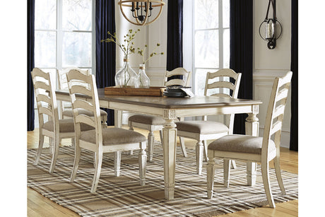 Realyn Chipped White Rectangular Dining Table with 2 Ribbon and 6 Ladder Chairs from Ashley - Luna Furniture