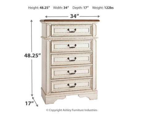Realyn Full Panel Bed with Mirrored Dresser and Chest in Chipped White from Ashley - Luna Furniture