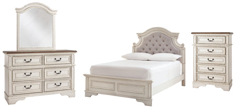 Realyn Full Panel Bed with Mirrored Dresser and Chest in Chipped White from Ashley - Luna Furniture