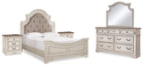 Realyn Queen Upholstered Panel Bed with Mirrored Dresser and 2 Nightstands in Chipped White from Ashley - Luna Furniture