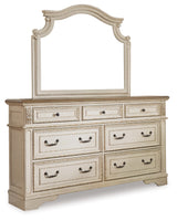 Realyn Queen Upholstered Panel Bed with Mirrored Dresser and 2 Nightstands in Chipped White from Ashley - Luna Furniture