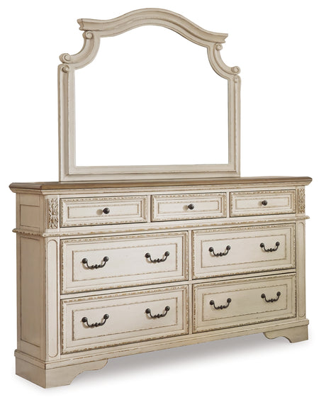 Realyn Queen Upholstered Panel Bed with Mirrored Dresser and 2 Nightstands in Chipped White from Ashley - Luna Furniture