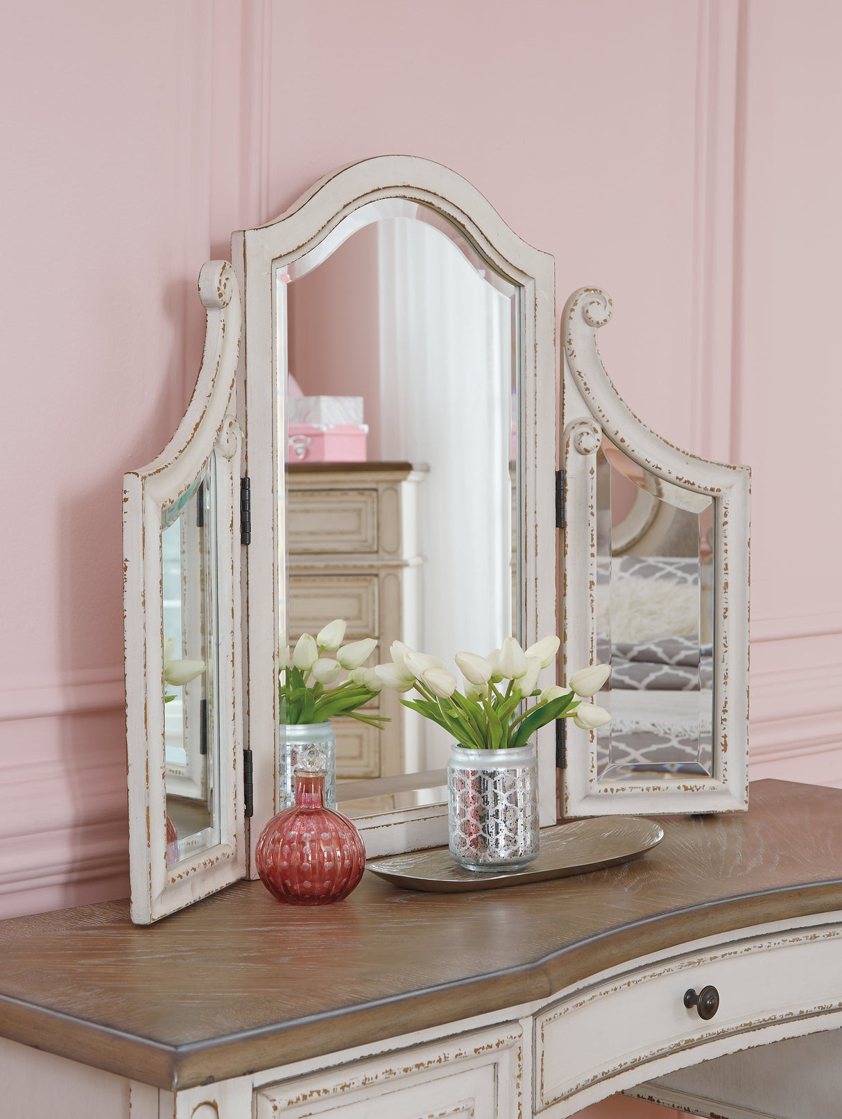 Realyn Two-tone King Panel Bed, Dresser, Mirror, Chest, Vanity and Nightstand from Ashley - Luna Furniture